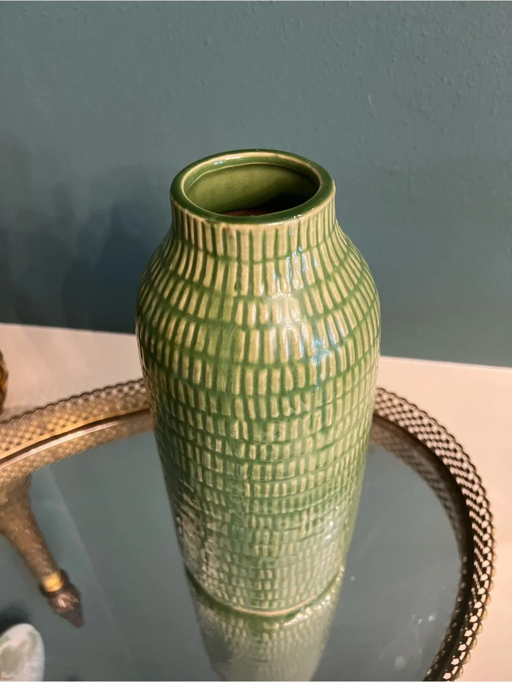 Crate and Barrel Green Textured Ceramic Vase
